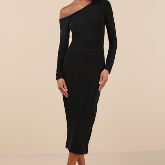 Lulus Vanel Black Slinky Knit Asymmetrical Midi Dress - Size L - Picture 1 of 1